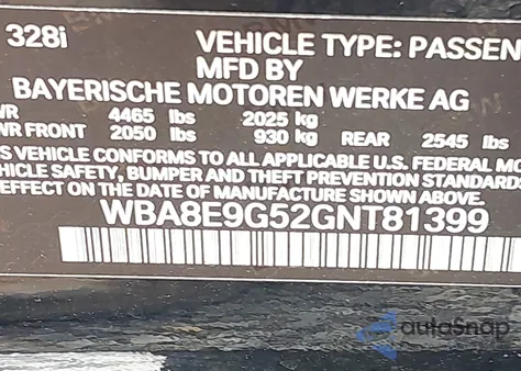 2016 BMW 328I from USA, damaged, VIN WBA8E9G52GNT81399